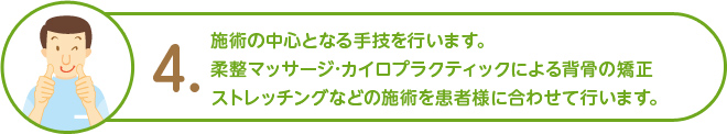 4.施術の中心となる手技を行います。柔整マッサージ･カイロプラクティックによる背骨の矯正ストレッチングなどの施術を患者様に合わせて行います。